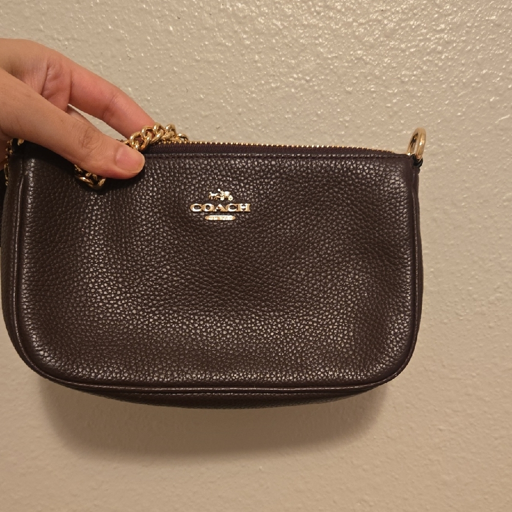 Coach Dark Brown Leather Wristlet with Gold Chain